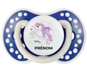 Licorne design-7 avec prénom : Bleu-marine phosphorescente Tétine embout Lovi Dynamic