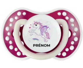 Licorne design-7 avec prénom : Fuchsia phosphorescente Tétine embout Lovi Dynamic