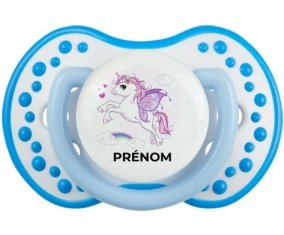 Licorne design-7 avec prénom : Blanc-bleu phosphorescente Tétine embout Lovi Dynamic