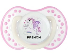 Licorne design-7 avec prénom : Blanc-rose phosphorescente Tétine embout Lovi Dynamic