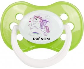 Licorne design-7 avec prénom : Vert classique Tétine embout anatomique