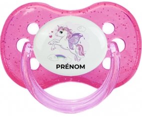 Licorne design-7 avec prénom : Rose à paillette Tétine embout cerise