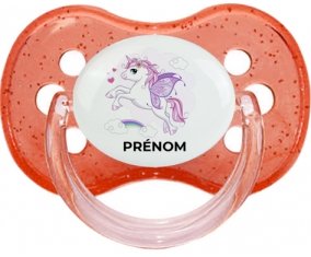 Licorne design-7 avec prénom : Rouge à paillette Tétine embout cerise