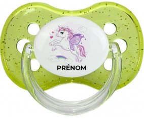 Licorne design-7 avec prénom : Vert à paillette Tétine embout cerise
