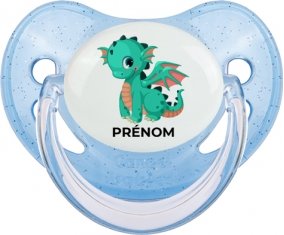 Dragon design-1 avec prénom : Bleue à paillette Tétine embout physiologique