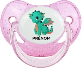 Dragon design-1 avec prénom : Rose à paillette Tétine embout physiologique