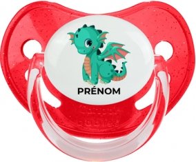 Dragon design-1 avec prénom : Rouge à paillette Tétine embout physiologique
