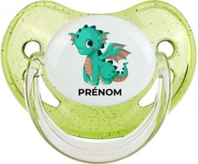 Dragon design-1 avec prénom : Vert à paillette Tétine embout physiologique