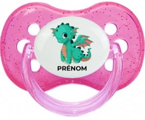 Dragon design-1 avec prénom : Rose à paillette Tétine embout cerise