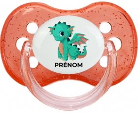 Dragon design-1 avec prénom : Rouge à paillette Tétine embout cerise