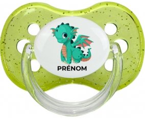 Dragon design-1 avec prénom : Vert à paillette Tétine embout cerise
