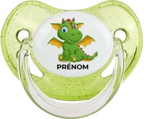 Dragon design-2 avec prénom : Vert à paillette Tétine embout physiologique