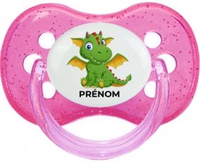 Dragon design-2 avec prénom : Rose à paillette Tétine embout cerise