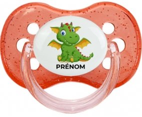 Dragon design-2 avec prénom : Rouge à paillette Tétine embout cerise