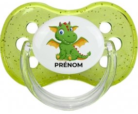 Dragon design-2 avec prénom : Vert à paillette Tétine embout cerise