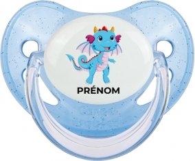 Dragon design-3 avec prénom : Bleue à paillette Tétine embout physiologique