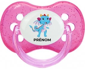Dragon design-3 avec prénom : Rose à paillette Tétine embout cerise