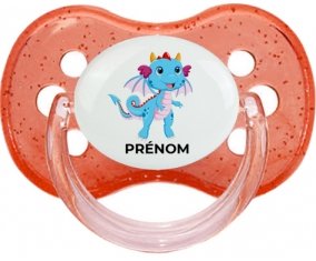 Dragon design-3 avec prénom : Rouge à paillette Tétine embout cerise