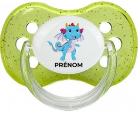 Dragon design-3 avec prénom : Vert à paillette Tétine embout cerise