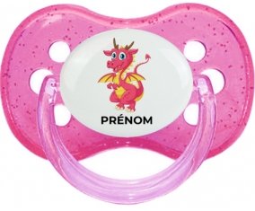 Dragon design-4 avec prénom : Rose à paillette Tétine embout cerise