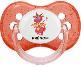 Dragon design-4 avec prénom : Rouge à paillette Tétine embout cerise