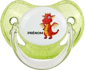 Dragon design-5 avec prénom : Vert à paillette Tétine embout physiologique