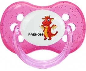 Dragon design-5 avec prénom : Rose à paillette Tétine embout cerise