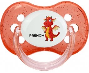 Dragon design-5 avec prénom : Rouge à paillette Tétine embout cerise