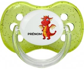 Dragon design-5 avec prénom : Vert à paillette Tétine embout cerise