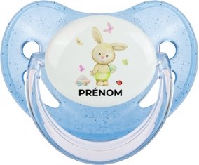 Lapin papillon voiture avec prénom : Bleue à paillette Tétine embout physiologique