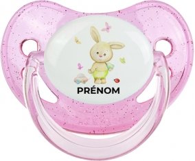 Lapin papillon voiture avec prénom : Rose à paillette Tétine embout physiologique