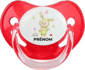 Lapin papillon voiture avec prénom : Rouge à paillette Tétine embout physiologique