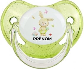 Lapin papillon voiture avec prénom : Vert à paillette Tétine embout physiologique