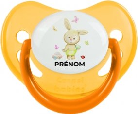 Lapin papillon voiture avec prénom : Jaune phosphorescente Tétine embout physiologique