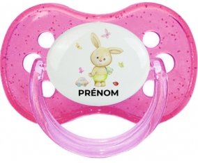 Lapin papillon voiture avec prénom : Rose à paillette Tétine embout cerise
