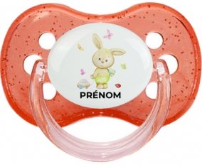 Lapin papillon voiture avec prénom : Rouge à paillette Tétine embout cerise