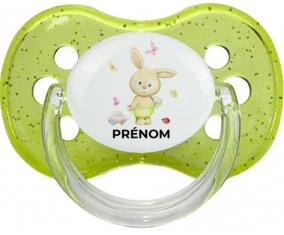 Lapin papillon voiture avec prénom : Vert à paillette Tétine embout cerise