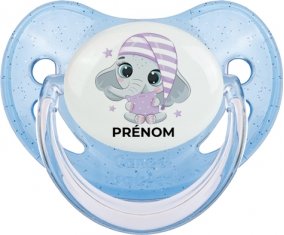 Bébé éléphant douce nuit avec prénom : Bleue à paillette Tétine embout physiologique
