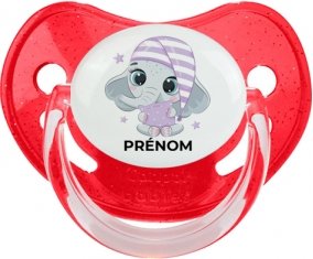 Bébé éléphant douce nuit avec prénom : Rouge à paillette Tétine embout physiologique