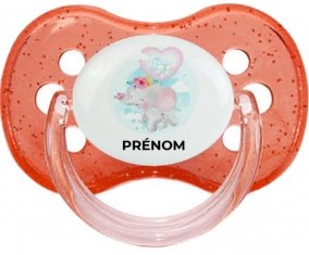 Bébé éléphant lovely avec prénom : Rouge à paillette Tétine embout cerise