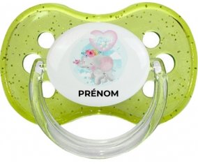 Bébé éléphant lovely avec prénom : Vert à paillette Tétine embout cerise
