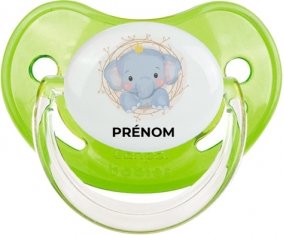 Éléphant couronne jaune avec prénom : Vert classique Tétine embout physiologique