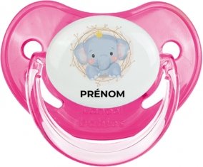 Éléphant couronne jaune avec prénom : Rose classique Tétine embout physiologique