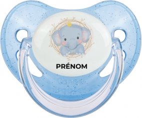 Éléphant couronne jaune avec prénom : Bleue à paillette Tétine embout physiologique