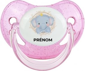 Éléphant couronne jaune avec prénom : Rose à paillette Tétine embout physiologique