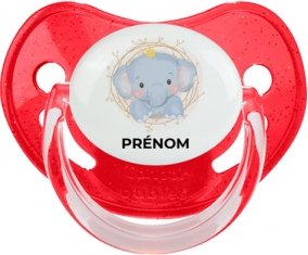 Éléphant couronne jaune avec prénom : Rouge à paillette Tétine embout physiologique