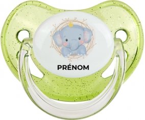 Éléphant couronne jaune avec prénom : Vert à paillette Tétine embout physiologique