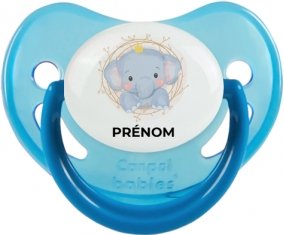 Éléphant couronne jaune avec prénom : Bleue phosphorescente Tétine embout physiologique
