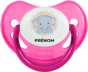 Éléphant couronne jaune avec prénom : Rose phosphorescente Tétine embout physiologique
