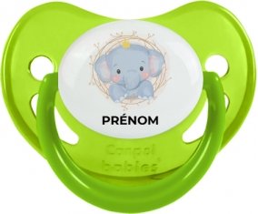 Éléphant couronne jaune avec prénom : Vert phosphorescente Tétine embout physiologique
